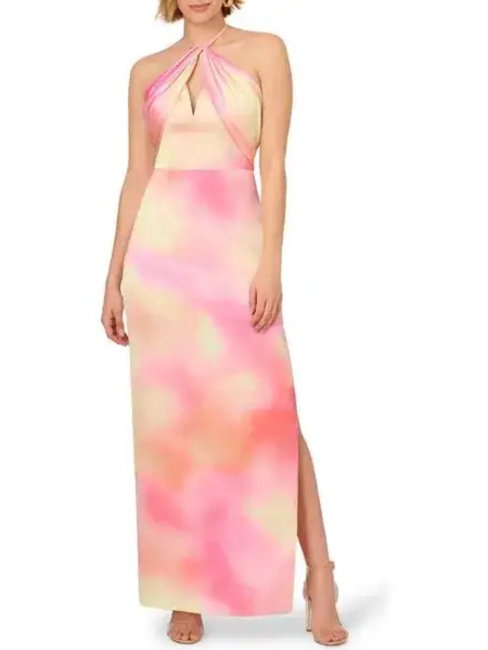 Adrianna Papell Pink & Cream Halter Maxi Dress